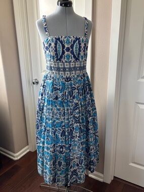 Taylor Floral Paisley Damask Sundress, Blue & Tan, Size 10